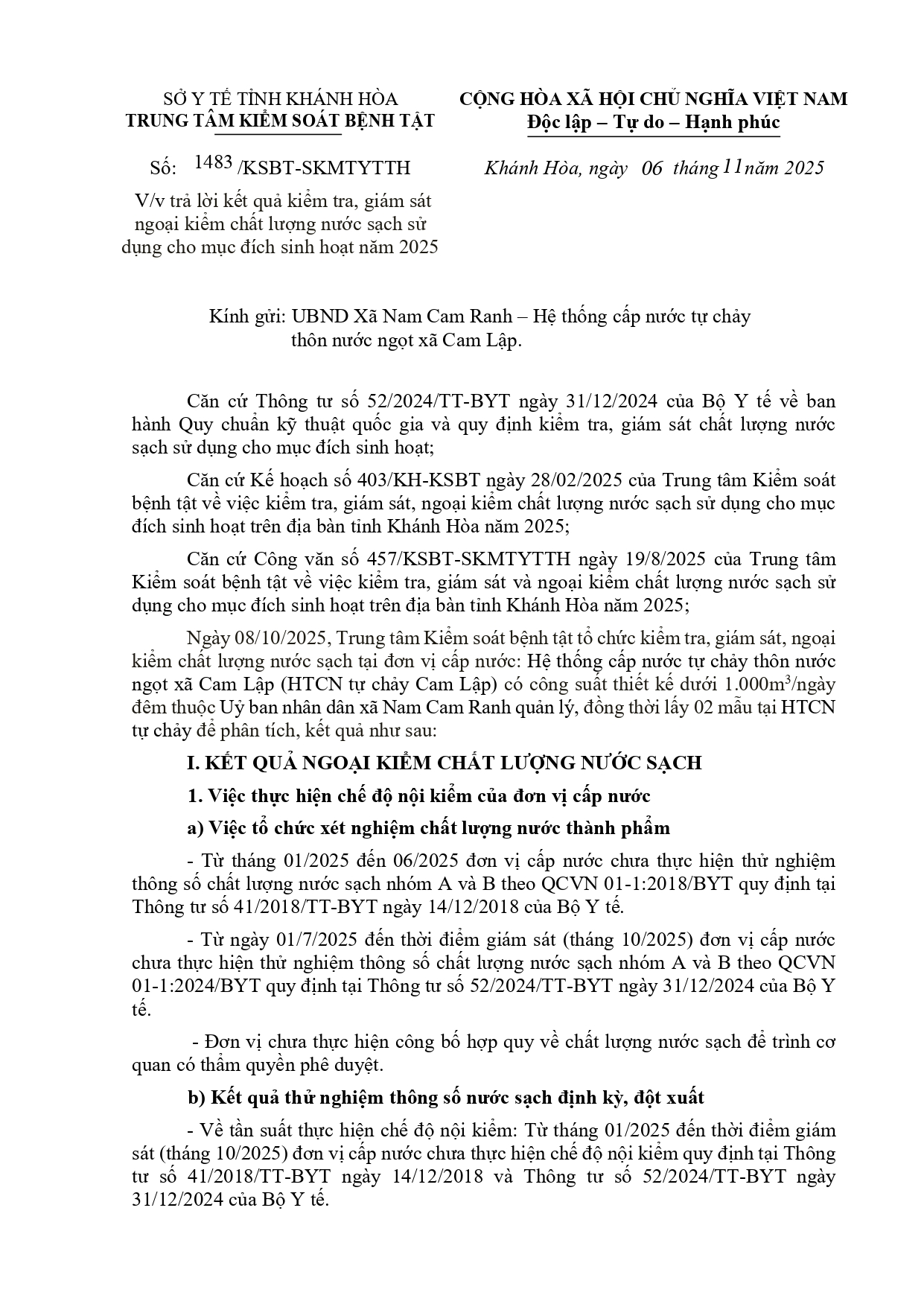 V/v trả lời kết quả kiểm tra, giám sát ngoại kiểm chất lượng nước sạch sử dụng cho mục đích sinh hoạt năm 2025